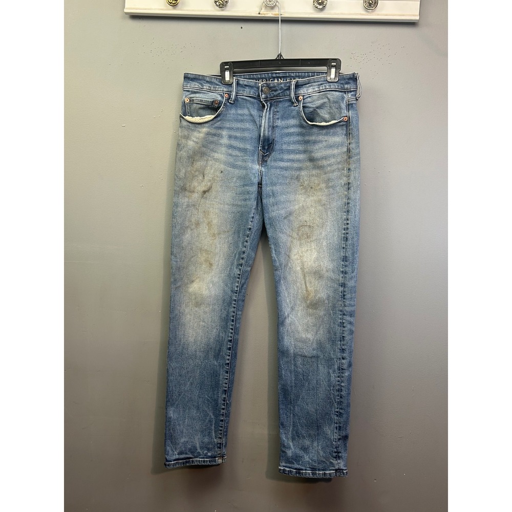 American Eagle Jeans Mens 33x32 Blue Original Straight Thrashed Stretch Denim‎